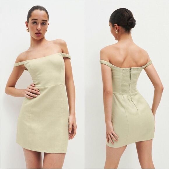 Reformation Dress Sawyer Linen Off-Shoulder Mini Green Dried Herbs 10 NWT - Picture 2 of 8